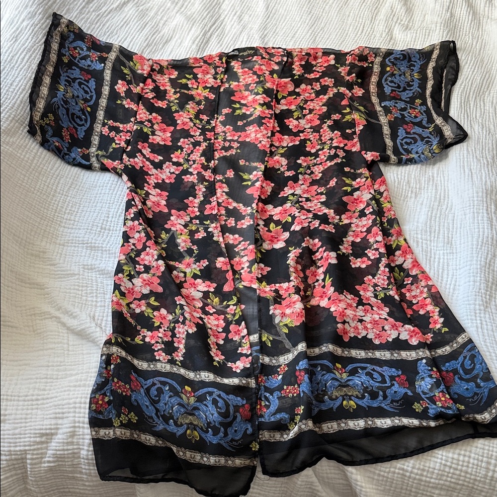 Floral Kimono with Black and Blue Accents